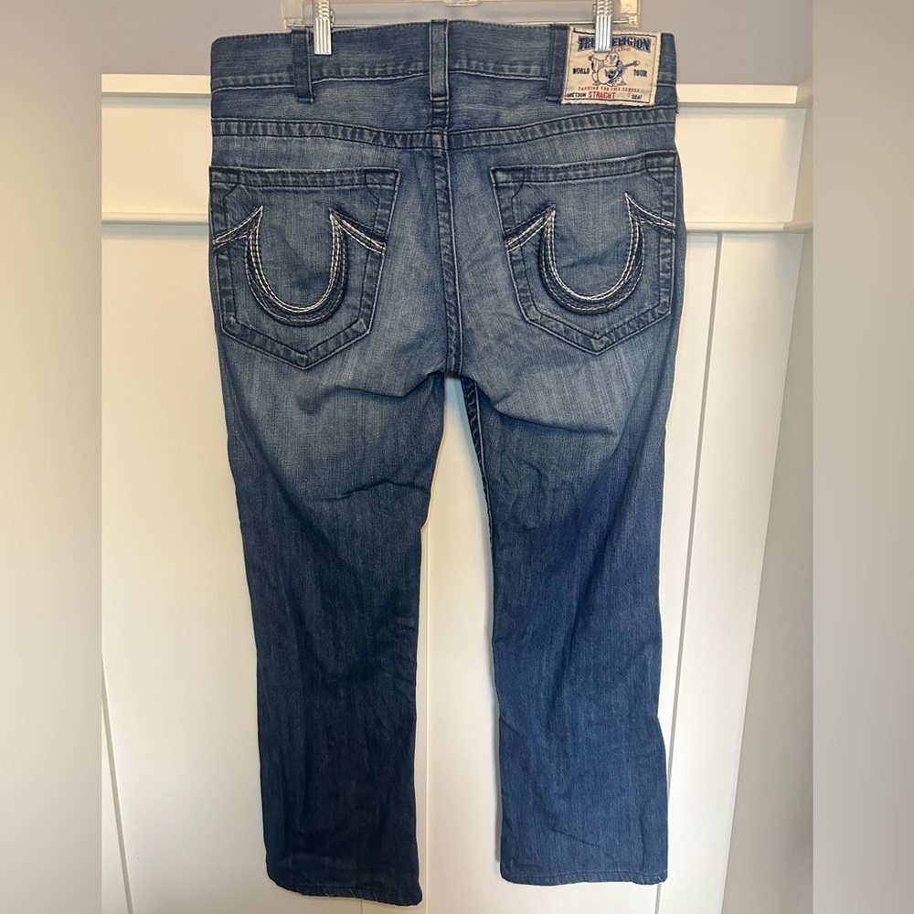 Vintage True Religion multi stitch logo straight blue jeans